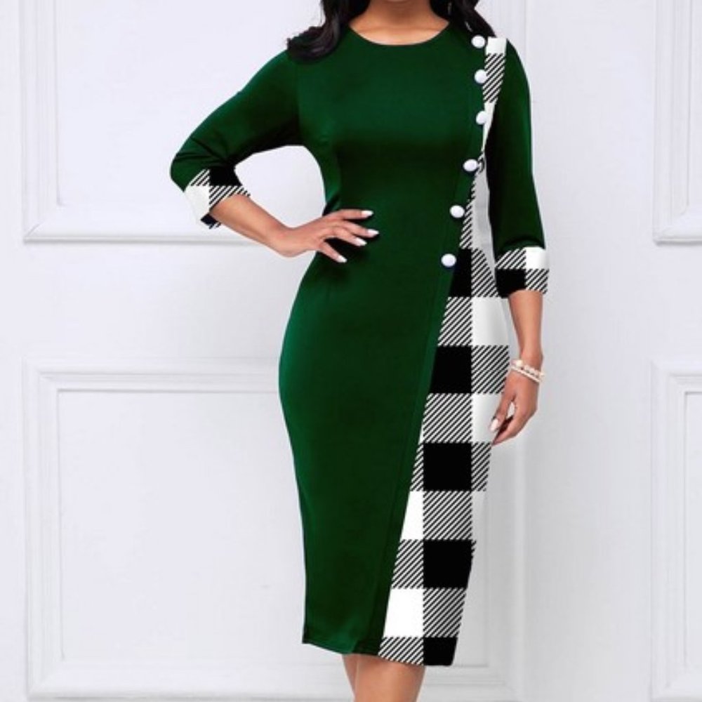 Decorative Button Round Neck Checkered Dress Larg… - image 1